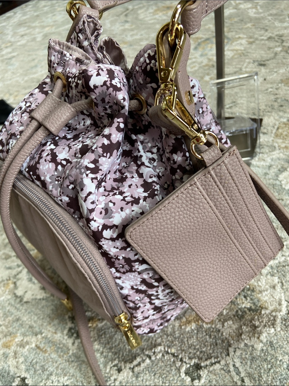 Isaac Mizrahi Mauve Plum Floral Drawstring Bucket Bag with Cardholder - Picture 2 of 13